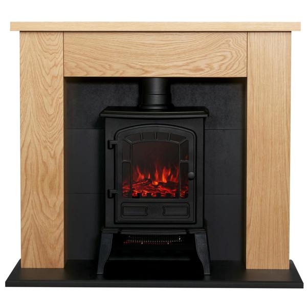 Adam Chester Stove Fireplace in Oak & Black with Sureflame Ripon Electric Stove in Black, 39 Inch
