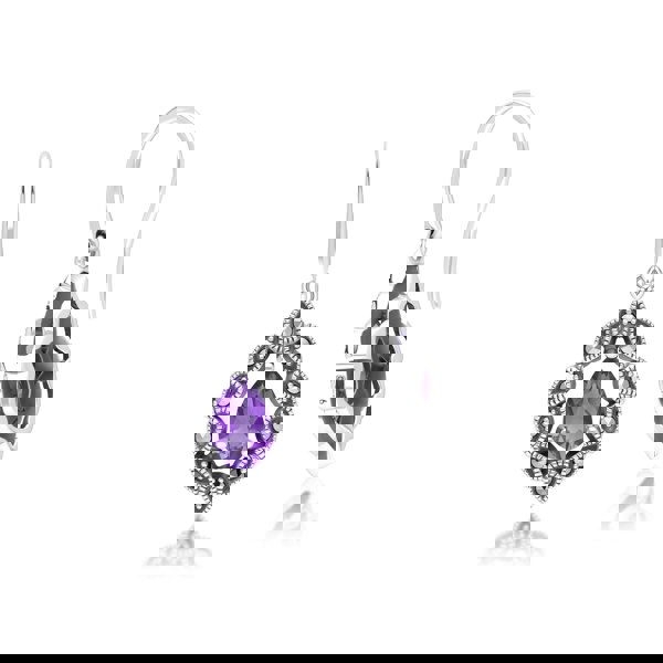 Gemondo Art Deco Style Pear Amethyst & Marcasite Drop Earrings in Sterling Silver