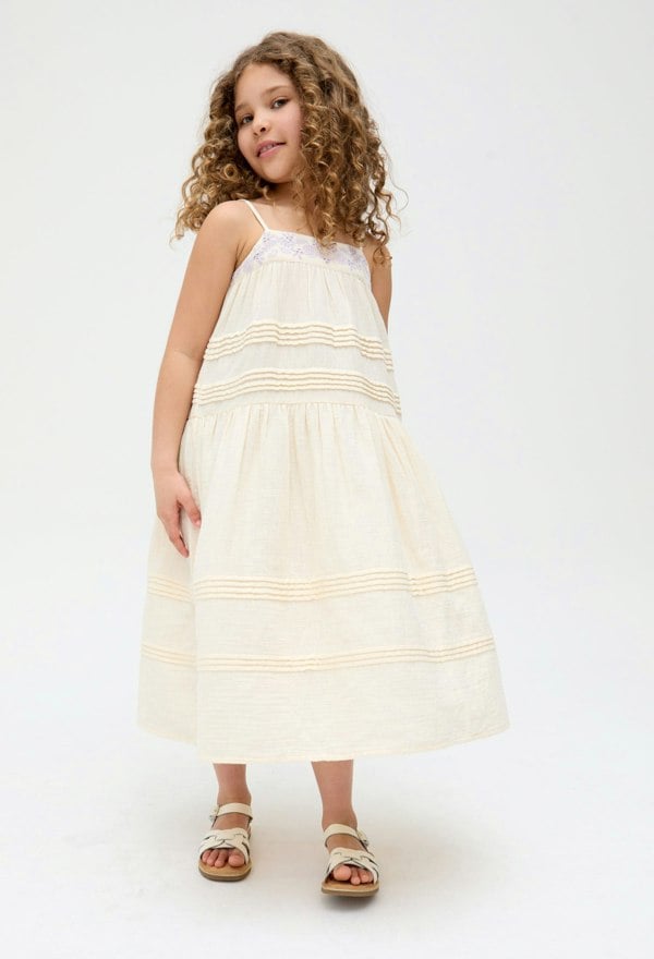 Kids Swish Pinktuck cotton embroidered Dress In Cream - image 2