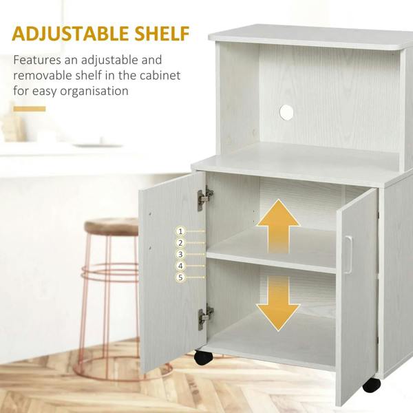 White cabinet cart with open door showing adjustable middle shelf and storage compartments