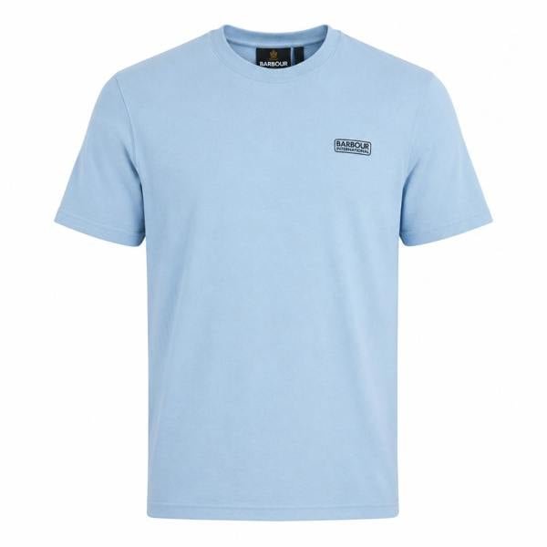 Powder blue Barbour International crew neck t-shirt with a small black logo patch on the chest.