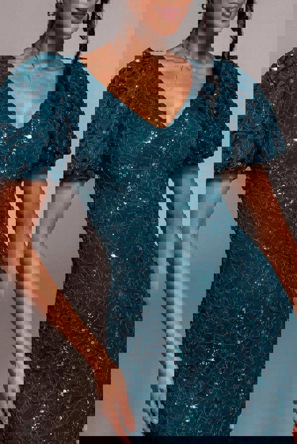 Sequin Lace Puff Sleeve Fit & Flare Midi Dress - Teal Blue DR4508