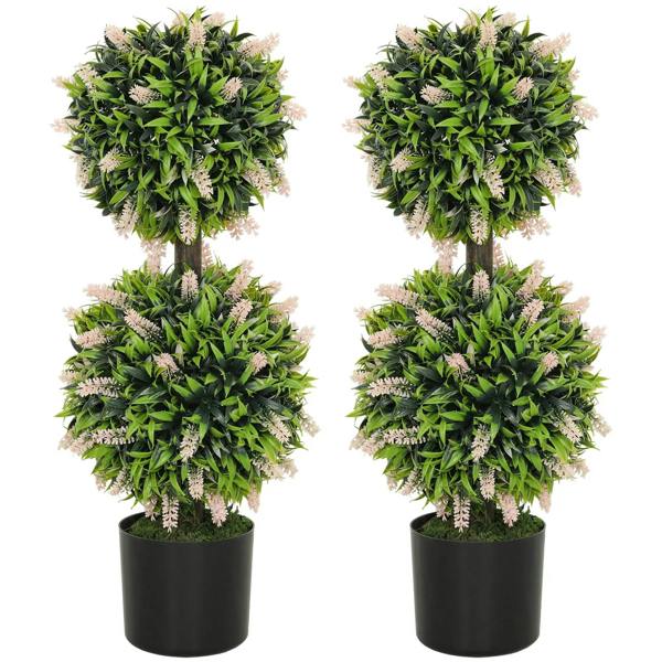 Set of 2 artificial plant ball trees with lavender-like flowers in black pots