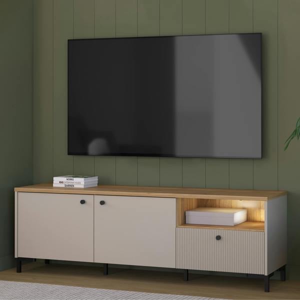 Furniture To Go Bixbite Wide TV Unit with Fluted Drawer, Open Shelf & Cupboard in Mauvella Oak and Sand