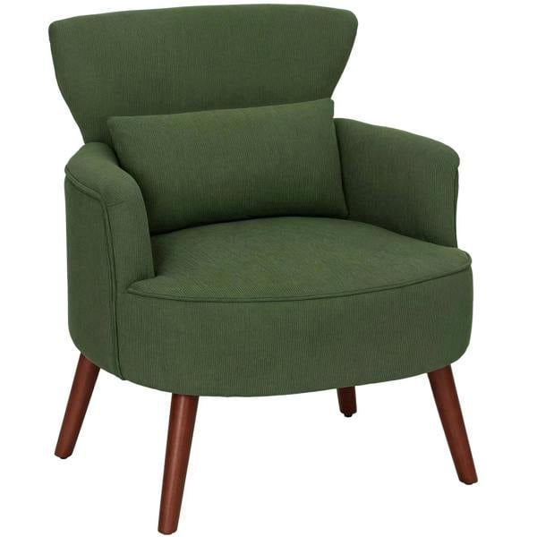Green corduroy accent chair with rounded arms and tapered wooden legs