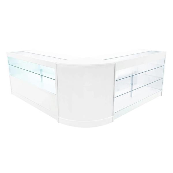 Hera LED Shop Counter Set in white features sleek glass shelves, a modern curved design, and bright LED lighting for display