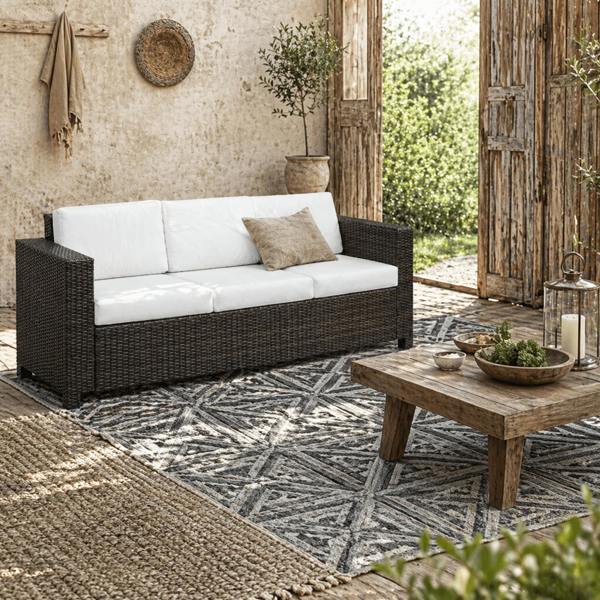 Wyld Haus Sediri Brown Rattan 3 Seater Garden Outdoor Sofa With White Cushions