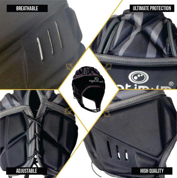Optimum rugby headguard feature infographic: breathable vents, adjustable lacing, padded panels, black - Optimum