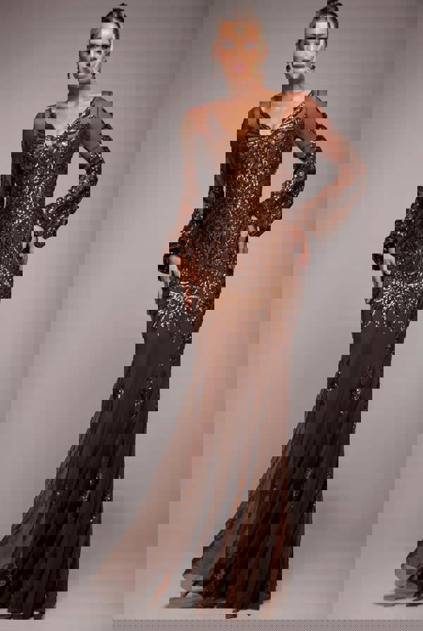 Embellished Sequin Bishop Sleeve Maxi Dress - Bronze DR4634