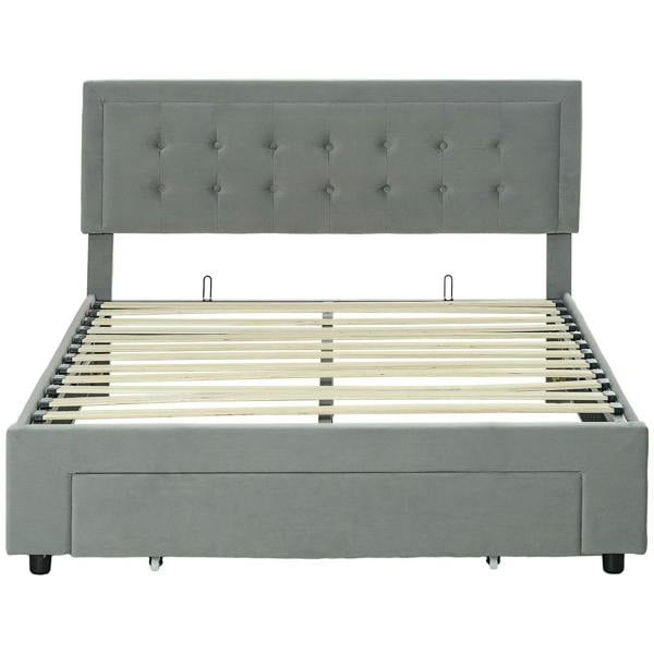 Grey upholstered double ottoman bed frame with tufted headboard and slatted base