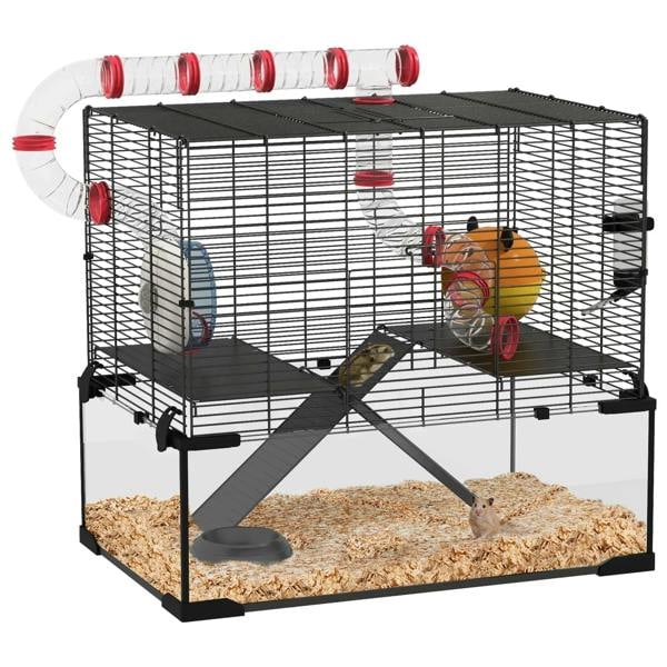 Black wire dwarf hamster cage with deep glass bottom, tunnels, and exercise wheel