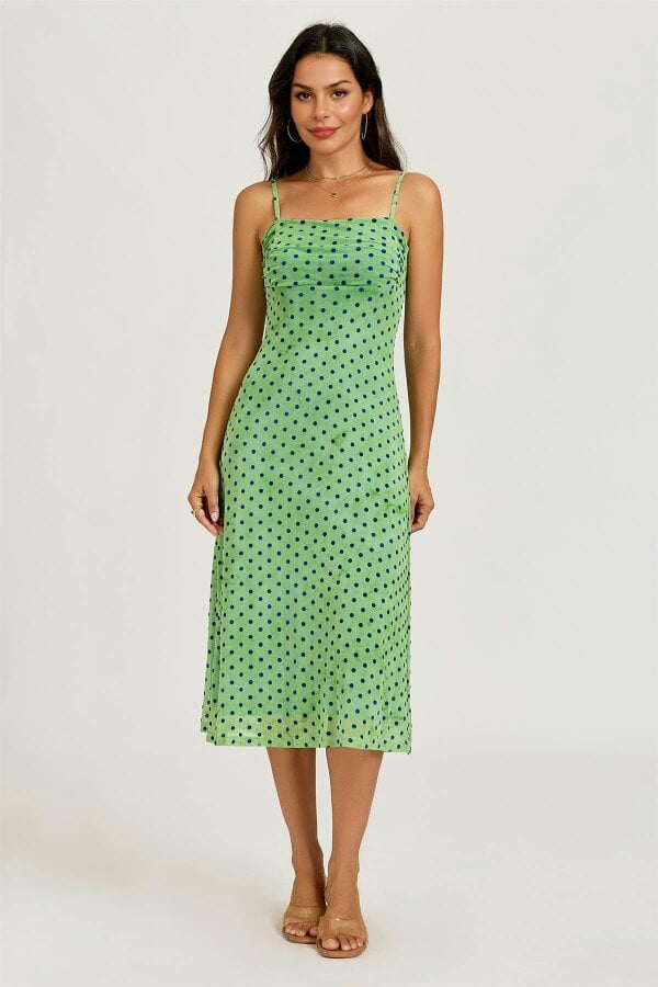 FS Collection Mottled Effect Devore Polka Dot Mesh Cami Midi Dress In Green