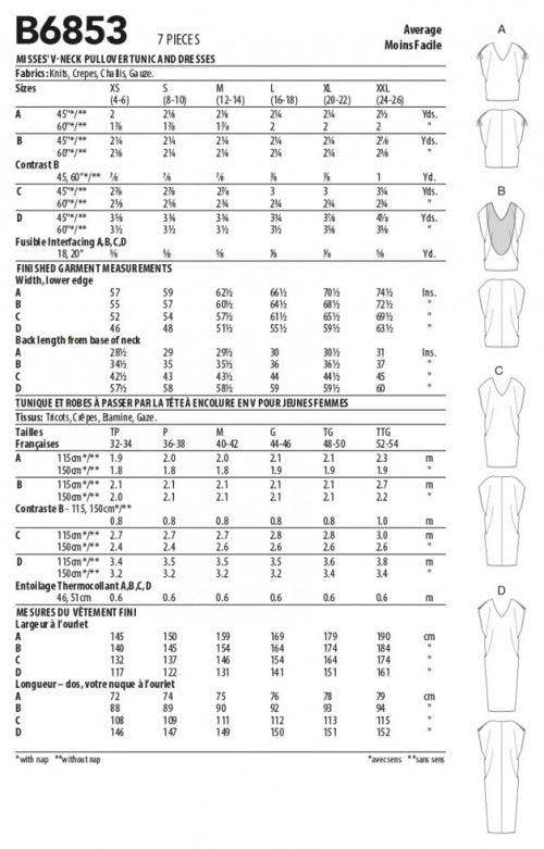 Butterick Sewing Pattern 6853, Tunics, Tops, Dresses for Women, Y (XS-S-M) - Intermediate
