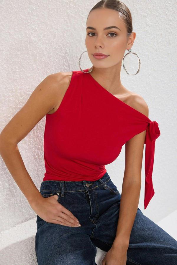 WOVCOR Knit Blouse with Asymmetrical Collar Tie Detail