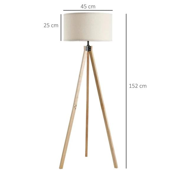 Tall beige fabric floor lamp shade with light wood tripod legs, product height shown