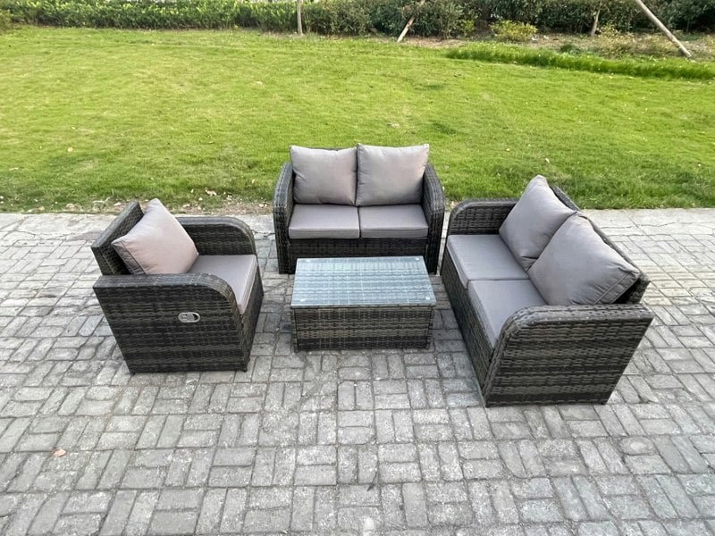 Fimous High Back Rattan Garden Furniture Sets with Loveseat Sofa Rectangular Coffee Table Indoor Outdoor Patio Lounge Sofa Set Dark Grey Mixed