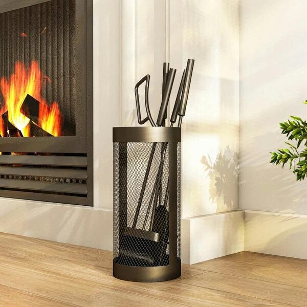 5-Piece Fireplace Tools Set with Mesh Basket, Indoor Outdoor Fireside Accessories for Fireplaces, Fire Pits, Black - Black