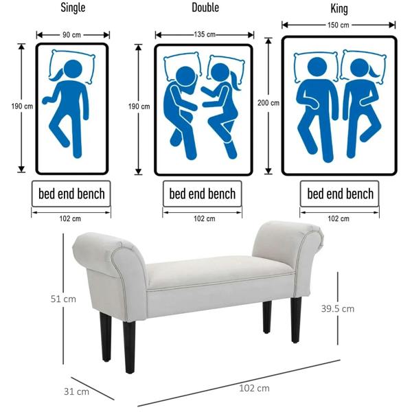 Greyish white upholstered bench with rounded arms and dark wooden legs, length 102 cm