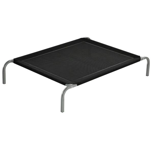 Black raised dog cot with breathable mesh sleeping surface and steel frame legs