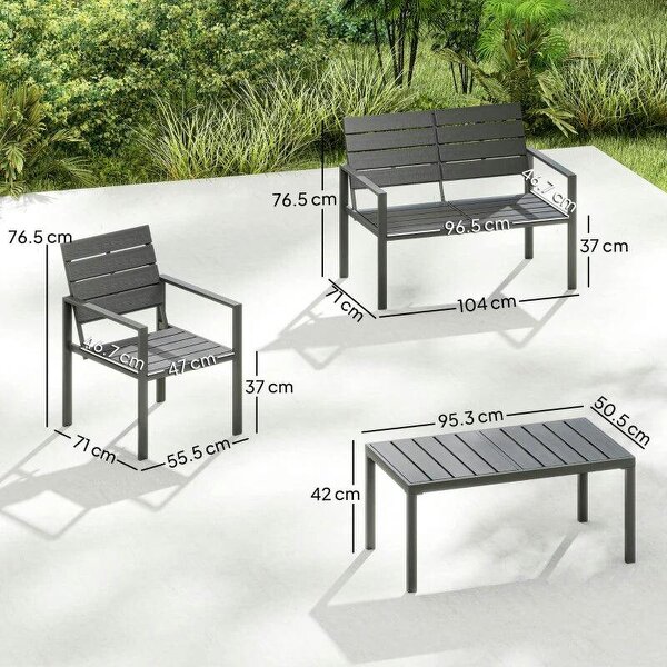 4 Piece Garden Furniture Set, Outdoor Sofa Set with HDPE Slatted Loveseat Armchairs Coffee Table Metal Frame, Dark Grey