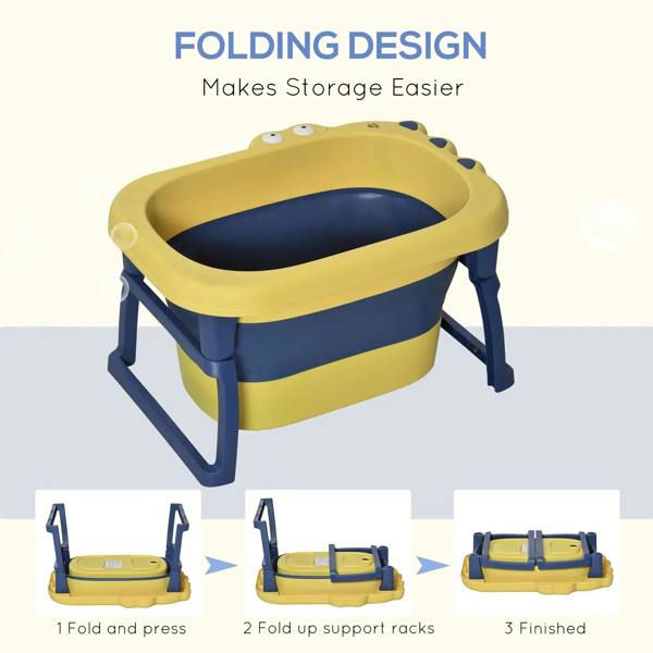 Yellow and navy folding baby bathtub with stool legs and molded carry-style handles