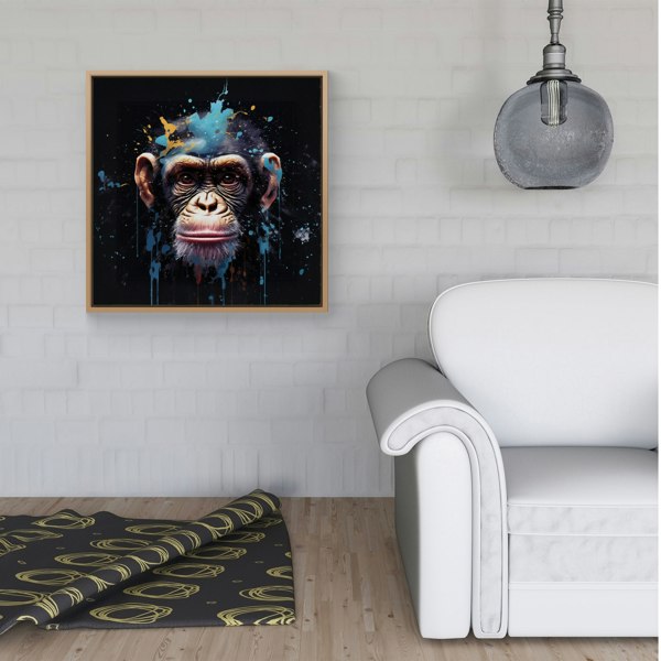 Warren Reed Monkey Face Splash Art with Blue Framed Canvas