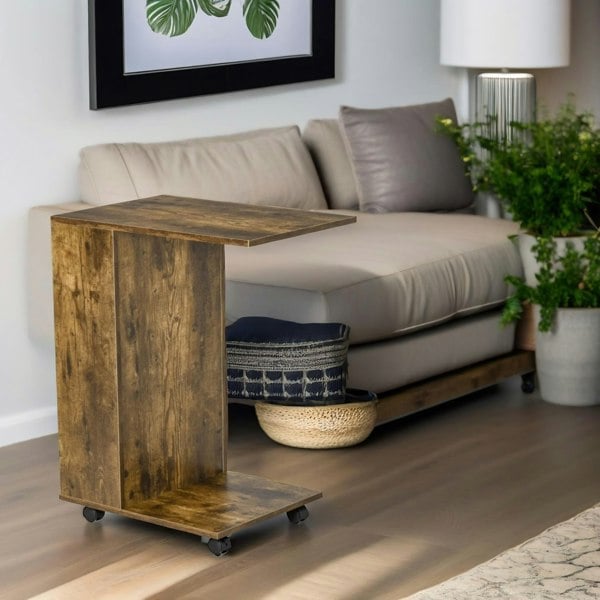 Rafaelo Mobilia Industrial Brown C Shaped Side Table With Storage & Wheels