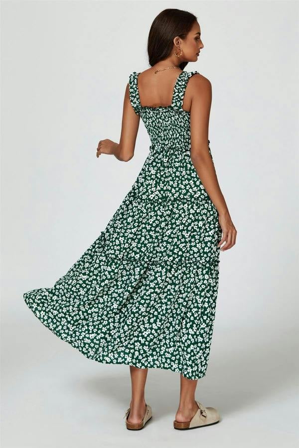 FS Collection Floral Print Hem Detail Tiered Maxi Dress In Green