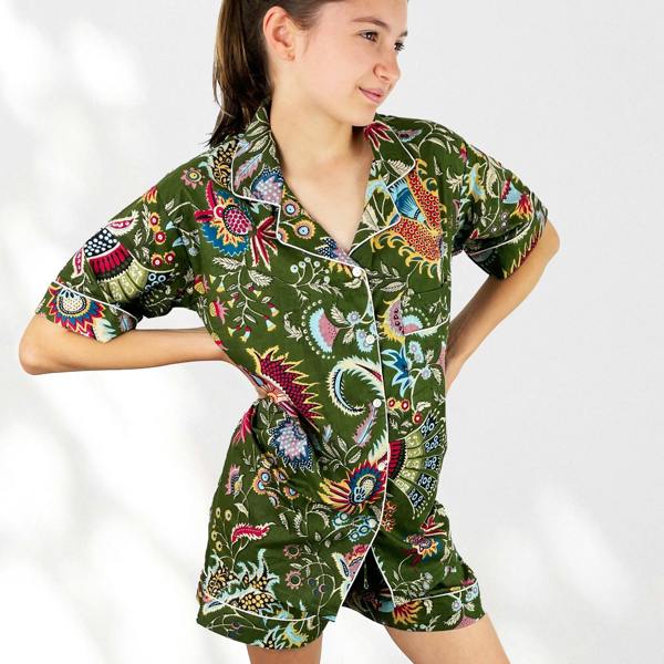 Hayley & Co Green Block Print Floral 100% Cotton Short Pyjama Set