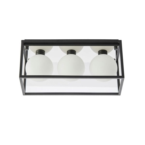 Matt Black Rectangular Framed Flush Bathroom Ceiling Light & Sphere Glass Shades