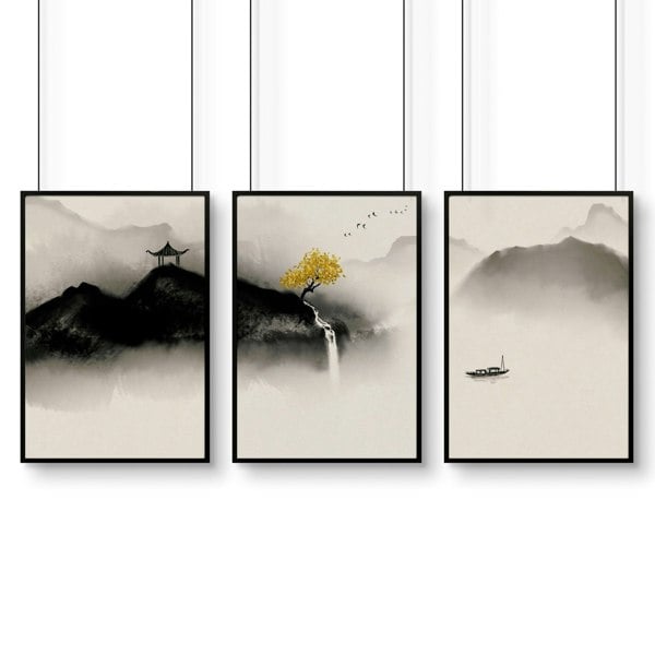 Japanese pagoda | set of 3 wall art for home office decor