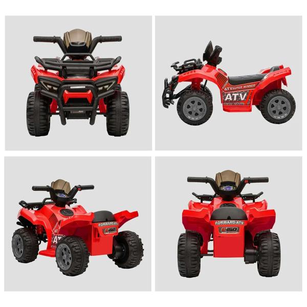 Red and black kids electric quad bike shown from multiple angles with handlebar and wheels