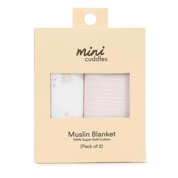 Mini Cuddles Baby Girls 2pk Solid & Rabbit Printed Muslins, Multicolour