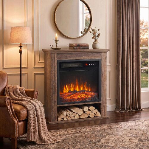 HOMCOM Freestanding Electric Fireplace Suite, 25" 1800W, Open Shelf