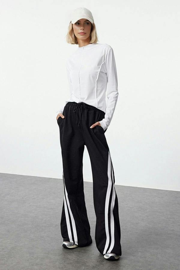WOVCOR Cotton Wide Leg Knitted Jogger with Color Block & Stripe Detail