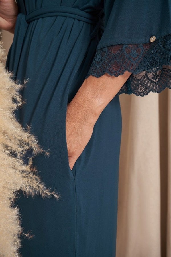 Bamboo Lace Kimono Robe in TealNightwear
