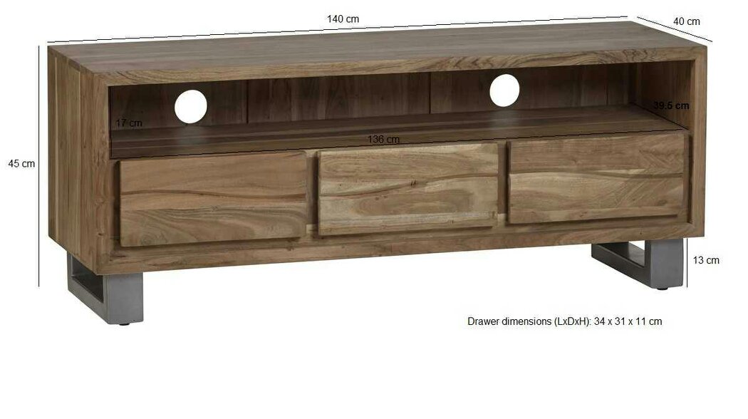 Wyld Haus Wellington Acacia Wood Modern Wide Media Unit 3 Drawers