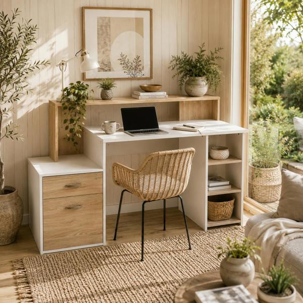 Wyld Haus Niledi 137cm Wooden Oak Large Office Desk With Shelves Drawers And Printer Stand
