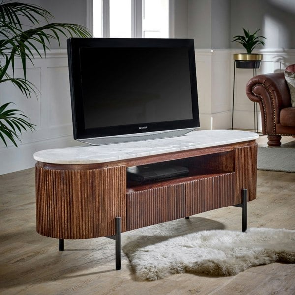 IH Design Miel Mango Wood TV Cabinet With Marble Top & Metal Legs