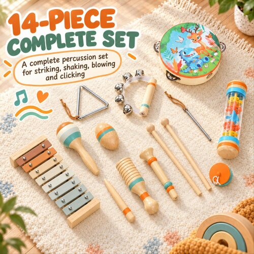 AIYAPLAY Kids Drum Kit, Wooden Baby Musical Instrument Set with Maracas