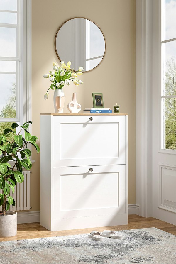 Living and Home Wooden 2 Drawer Flip Down Shoe Cabinet White