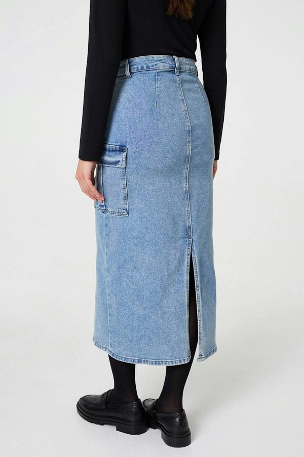 Blue | Denim High Waist Midi Cargo Skirt
