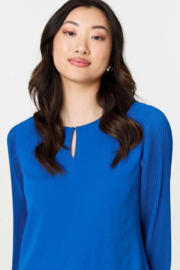 Blue | Keyhole Cut-Out Neck Long Sleeve Blouse
