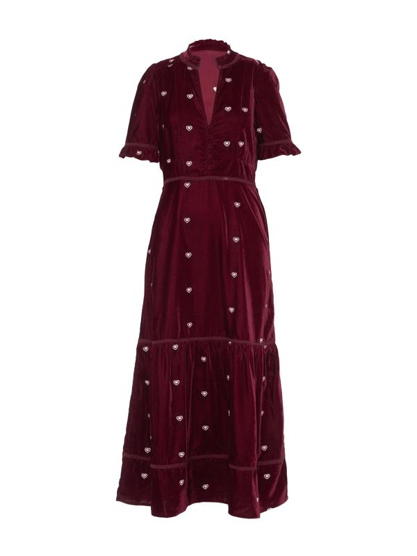 Rose & Nancy Sara Burgundy Heart Embroidered Velvet Dress