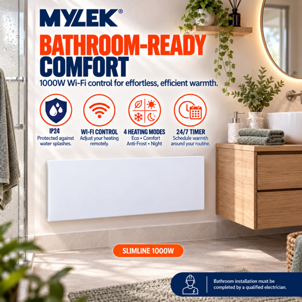MYLEK Panel Space Heater White Low Level 1KW Eco, Smart and WiFi App Slimline Low Energy - Wall Mounted, Bathroom IPX4