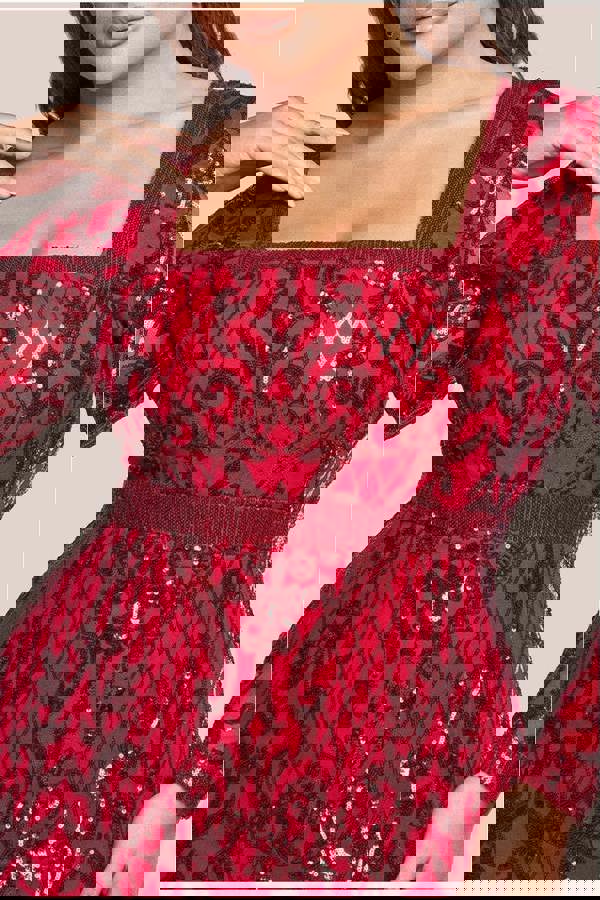 Sequin Square Neck Maxi With Scallop Hem - Red DR4038PLUS