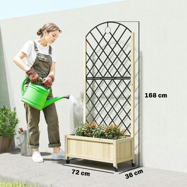 Raised Garden Bed with Metal Trellis, Wooden Elevated Planter Box with Lockable Wheels, Outdoor Raised Planter, Natural
