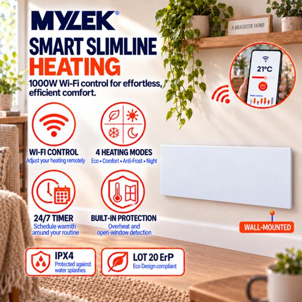 MYLEK Panel Space Heater White Low Level 1KW Eco, Smart and WiFi App Slimline Low Energy - Wall Mounted, Bathroom IPX4