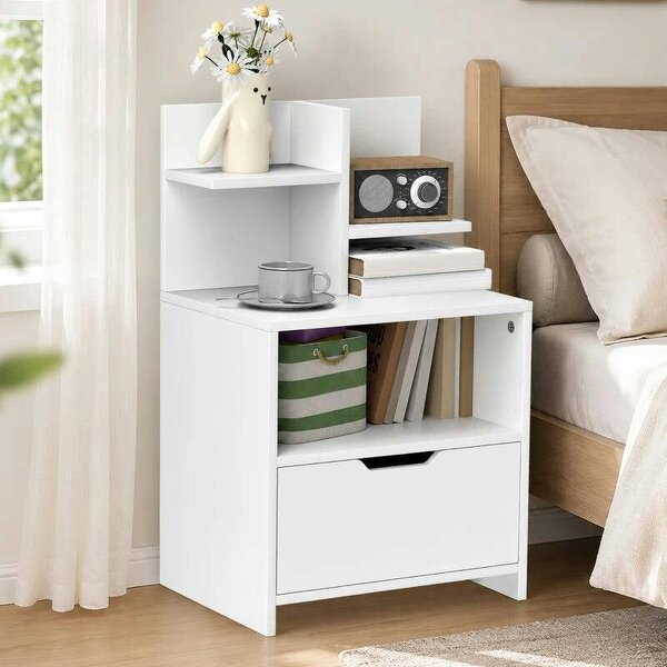 Bobobiy Modern Bedside Table, Nightstand with Drawer, Shelf, Bedside Cabinet for Bedroom, Living Room, White