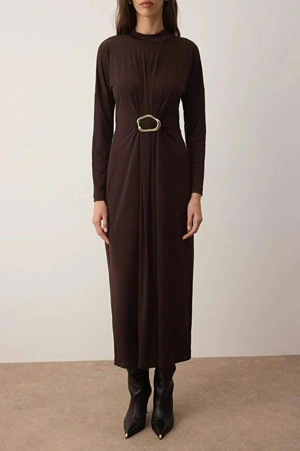 WOVCOR Knit Dress with Waist Buckle Detail